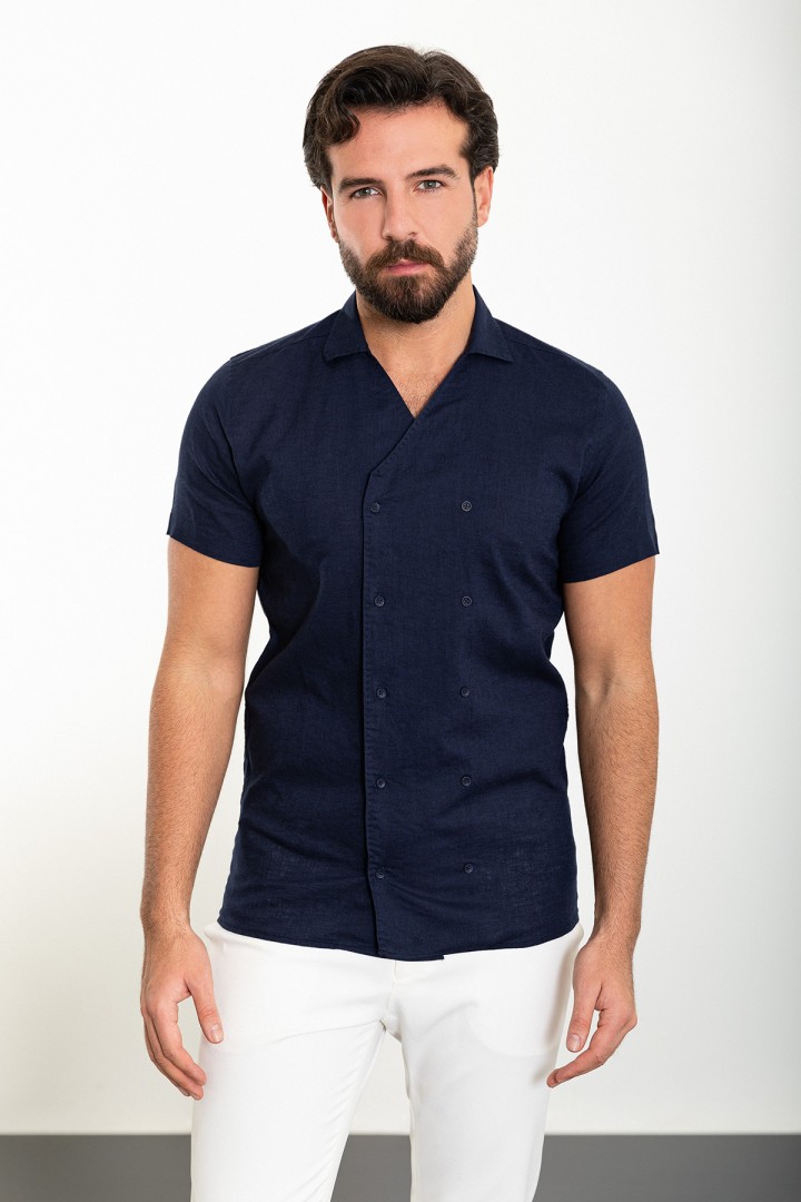 Dark Blue Color Double Breasted And Shirt Collar Design Casual Men's Shirt