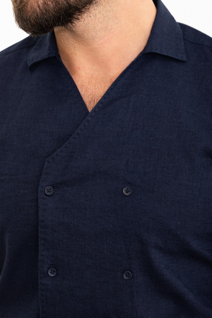 Dark Blue Color Double Breasted And Shirt Collar Design Casual Men's Shirt