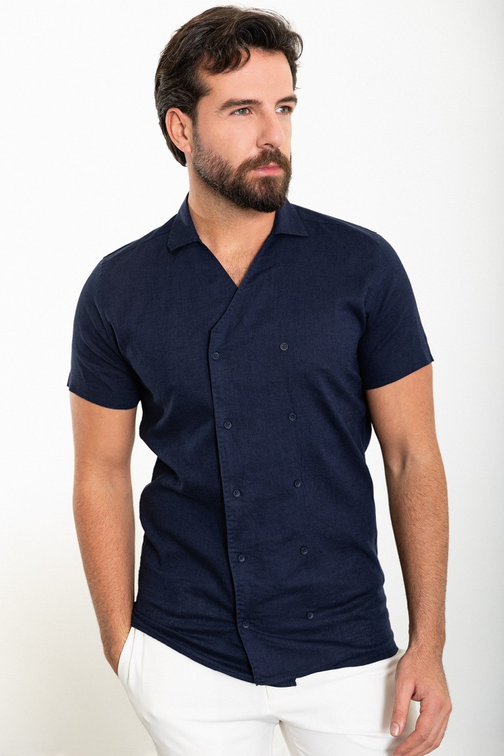 Dark Blue Color Double Breasted And Shirt Collar Design Casual Men's Shirt