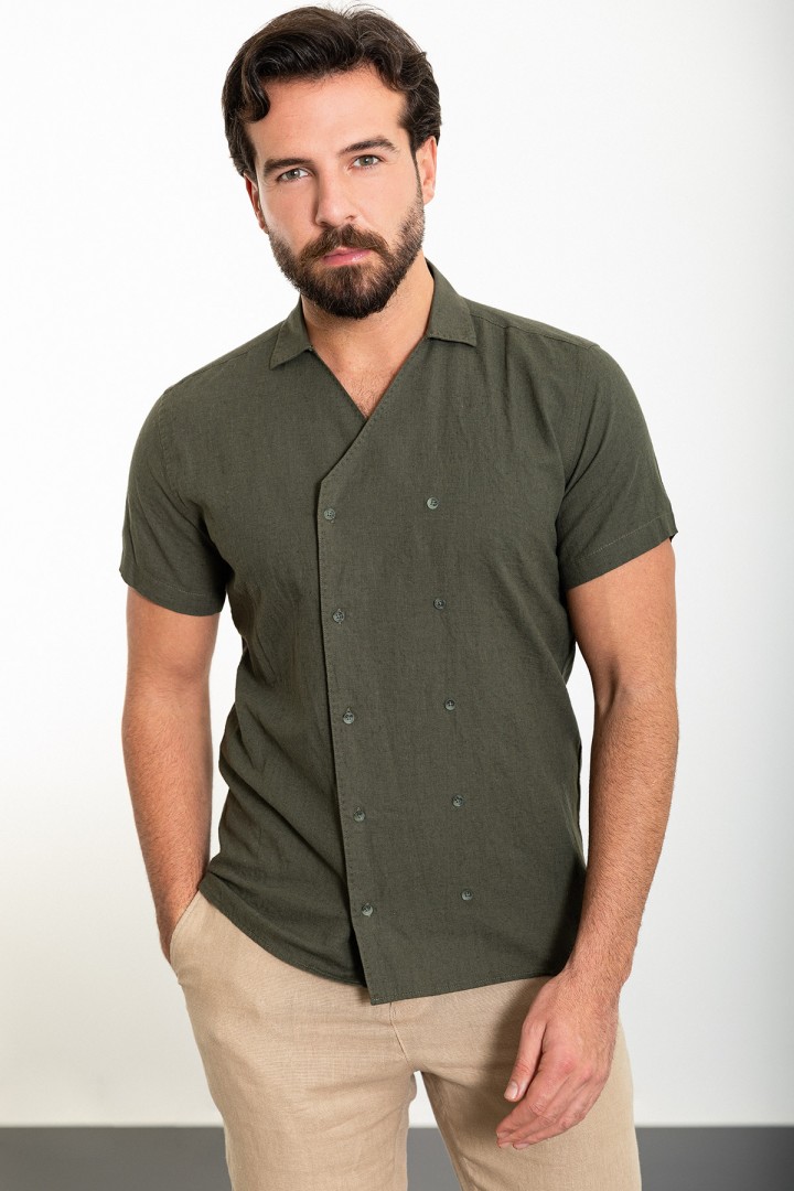Khaki Color Double Breasted And Shirt Collar Design Casual Men's Shirt