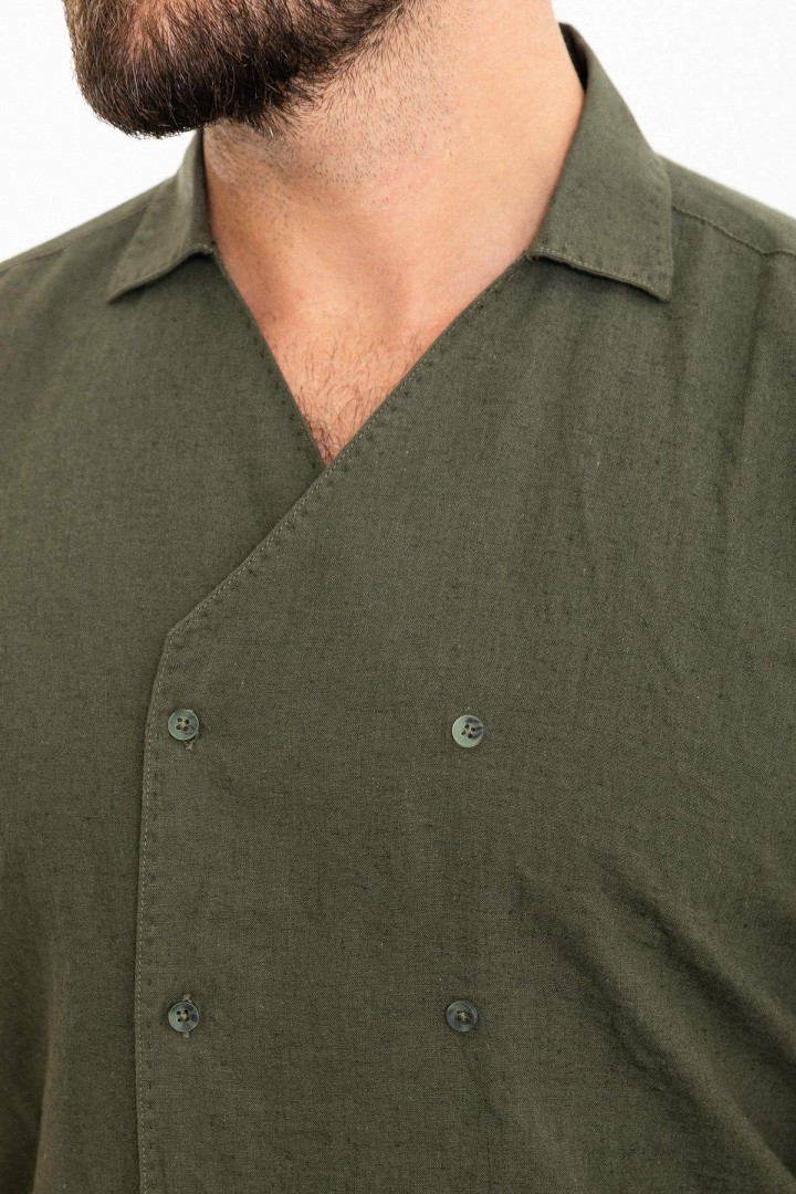 Khaki Color Double Breasted And Shirt Collar Design Casual Men's Shirt