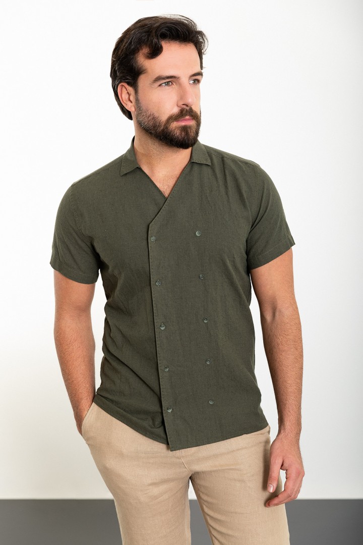 Khaki Color Double Breasted And Shirt Collar Design Casual Men's Shirt