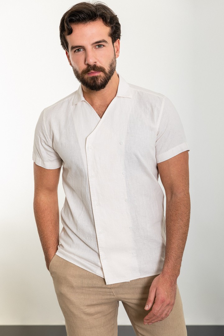 Ecru Color Double Breasted And Shirt Collar Design Casual Men's Shirt