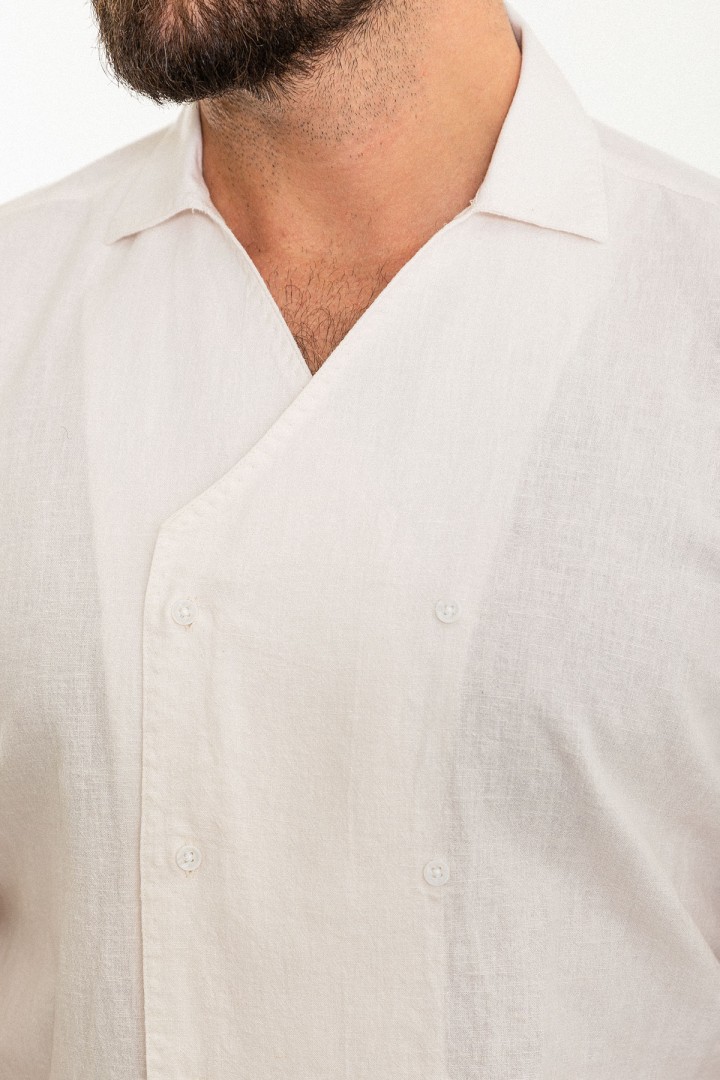 Ecru Color Double Breasted And Shirt Collar Design Casual Men's Shirt