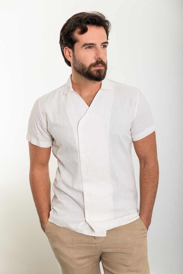Ecru Color Double Breasted And Shirt Collar Design Casual Men's Shirt
