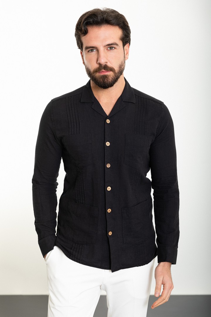 Black Color Figured And Hanging Pocket Design Casual Men's Shirt