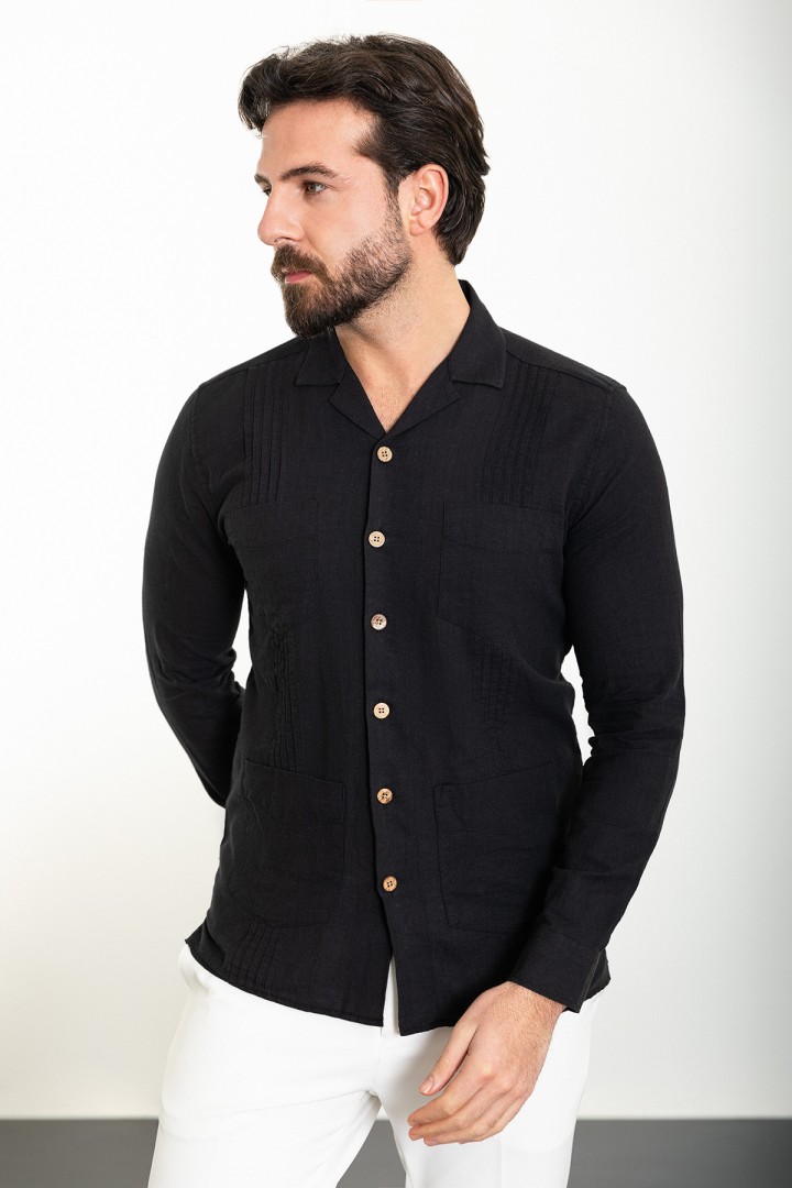 Black Color Figured And Hanging Pocket Design Casual Men's Shirt