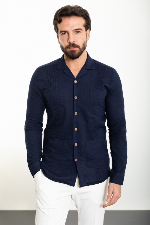 Dark Blue Color Figured And Hanging Pocket Design Casual Men's Shirt