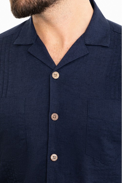 Dark Blue Color Figured And Hanging Pocket Design Casual Men's Shirt