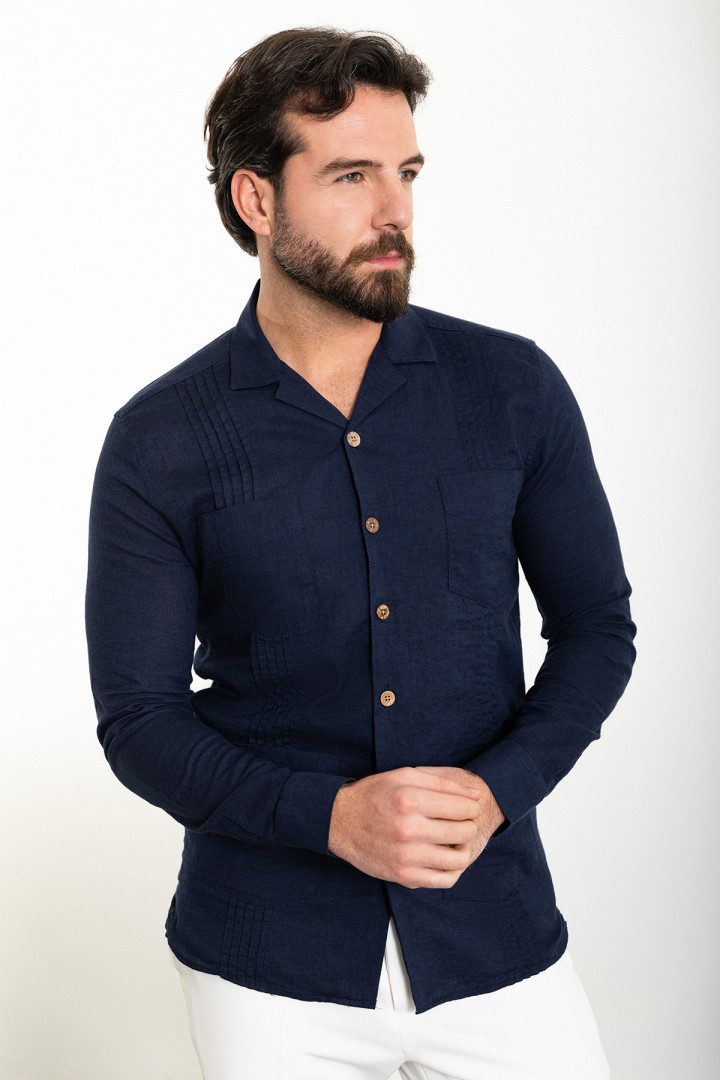 Dark Blue Color Figured And Hanging Pocket Design Casual Men's Shirt
