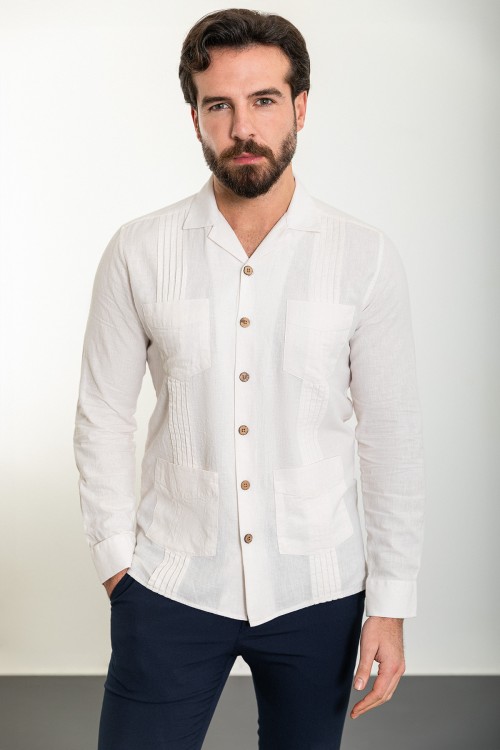 Ecru Color Figured And Hanging Pocket Design Casual Men's Shirt
