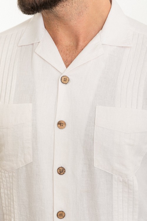 Ecru Color Figured And Hanging Pocket Design Casual Men's Shirt