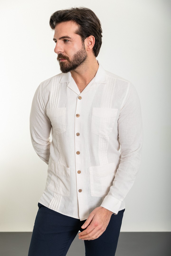 Ecru Color Figured And Hanging Pocket Design Casual Men's Shirt