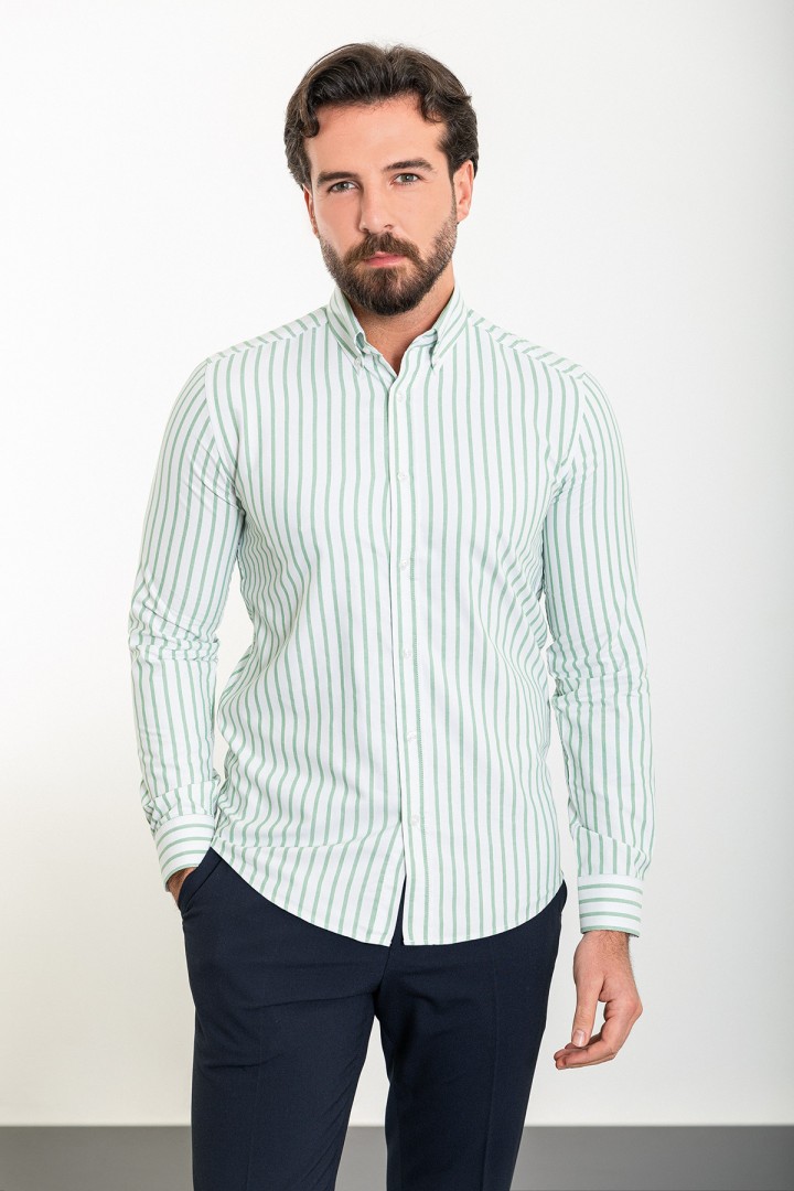 White And Green Color Striped Figured Design Classic Cotton Men's Shirt