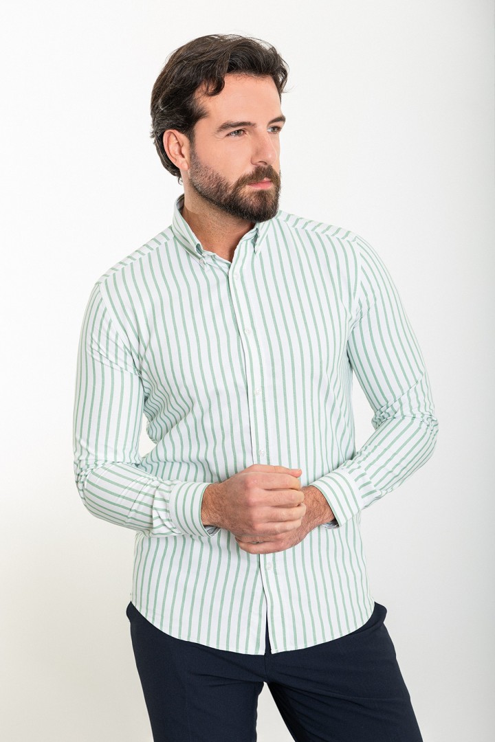 White And Green Color Striped Figured Design Classic Cotton Men's Shirt