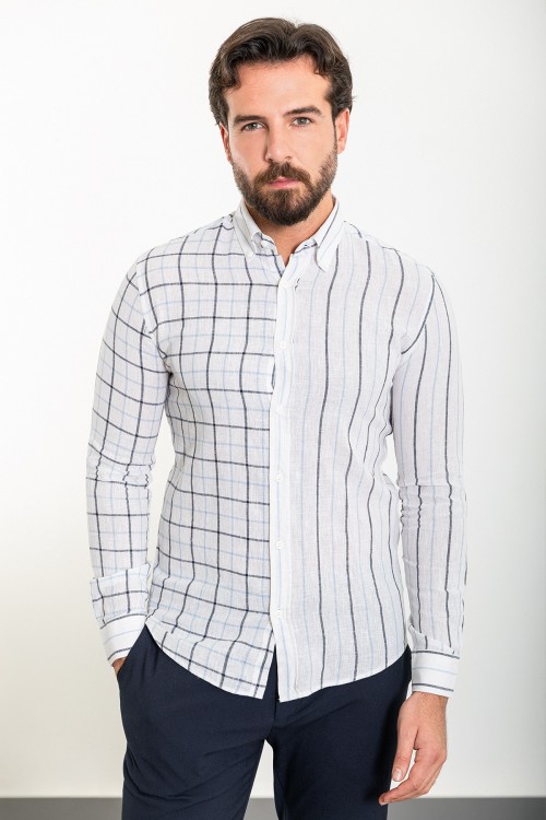 White And Blue Color Figured Design Casual Cotton Men's Shirt