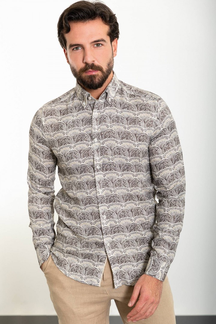Brown Color Figured Design Casual Cotton Men's Shirt