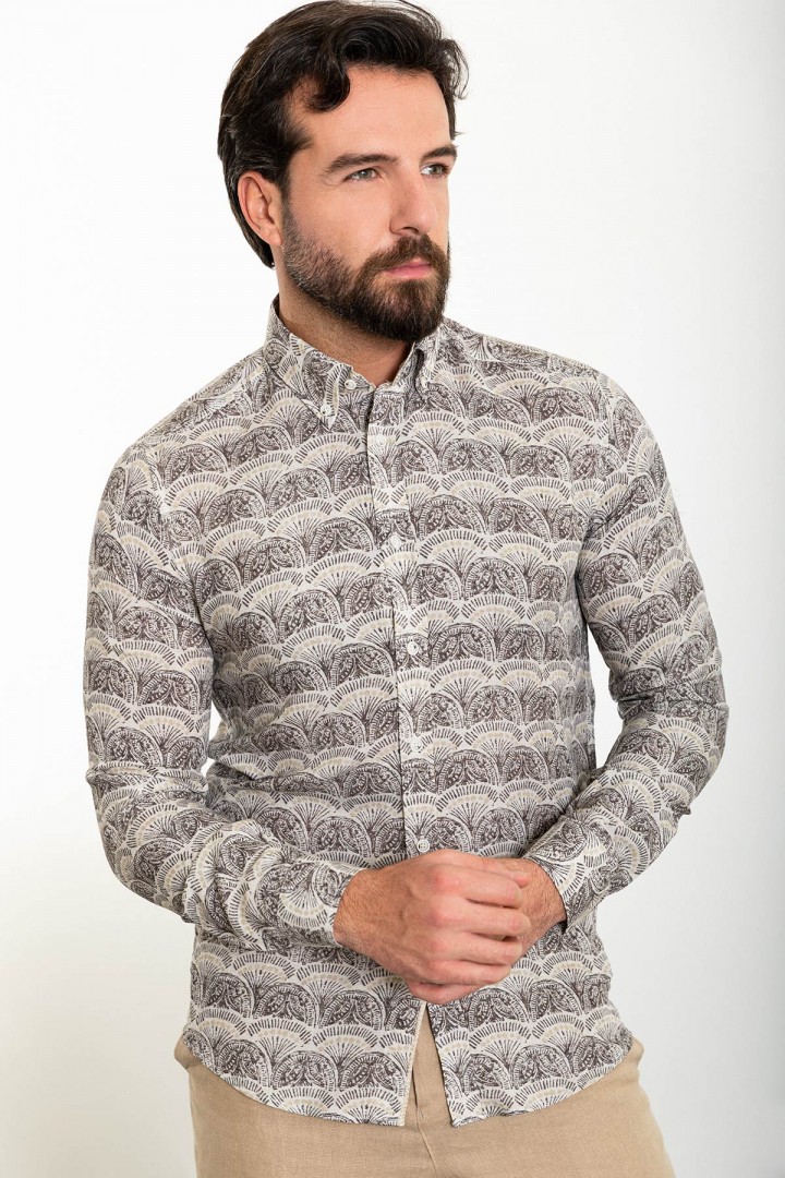 Brown Color Figured Design Casual Cotton Men's Shirt