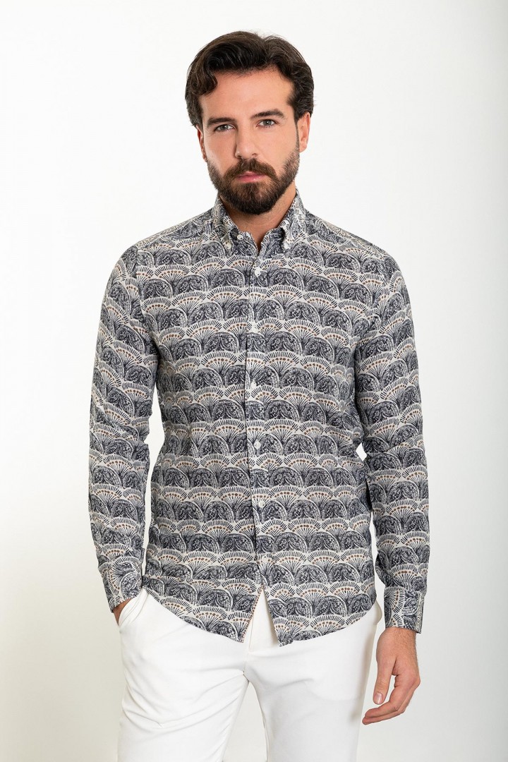Dark Blue Color Figured Design Casual Cotton Men's Shirt