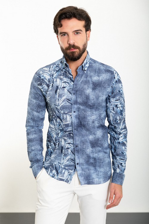 Dark Blue Color Figured Design Casual Cotton Men's Shirt