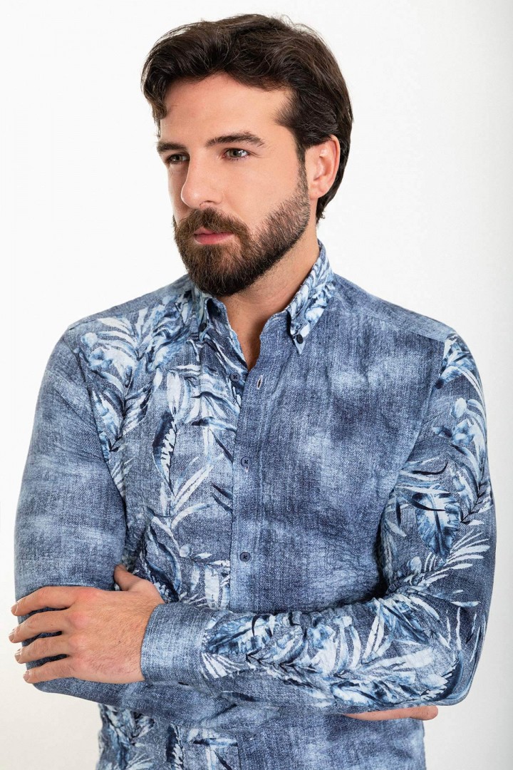 Dark Blue Color Figured Design Casual Cotton Men's Shirt