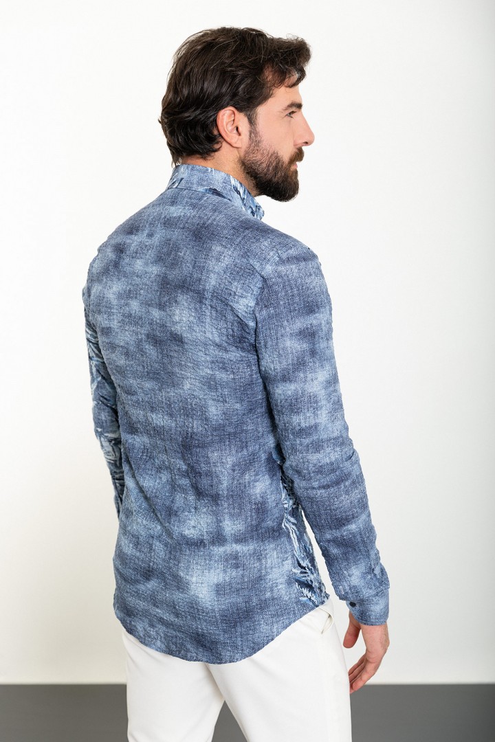 Dark Blue Color Figured Design Casual Cotton Men's Shirt