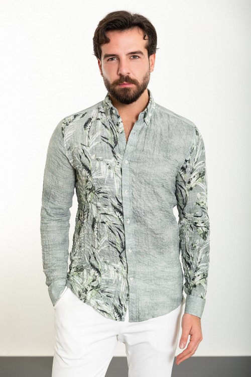 Khaki Color Figured Design Casual Cotton Men's Shirt