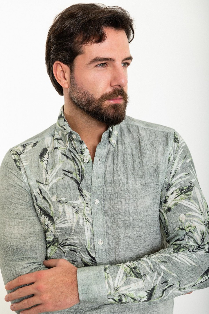 Khaki Color Figured Design Casual Cotton Men's Shirt