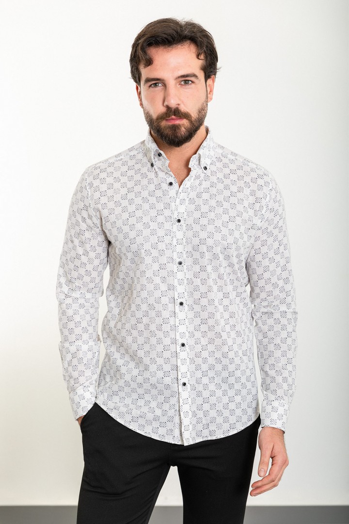 White Color Figured Design Casual Men's Linen Shirt