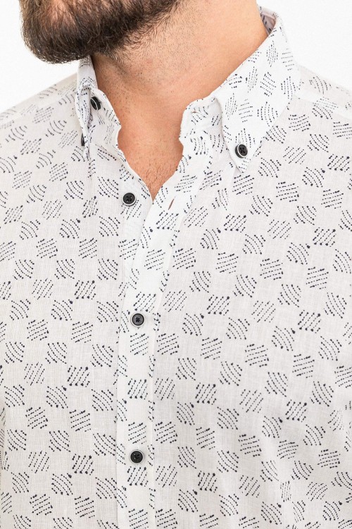 White Color Figured Design Casual Men's Linen Shirt