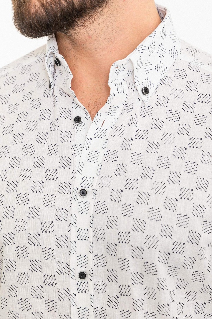 White Color Figured Design Casual Men's Linen Shirt
