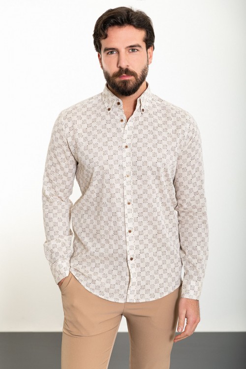 Beige Color Figured Design Casual Men's Linen Shirt