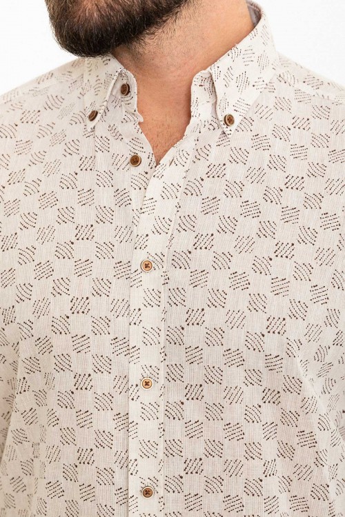 Beige Color Figured Design Casual Men's Linen Shirt
