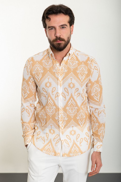 Beige Color Figured Design Casual Cotton Men's Shirt
