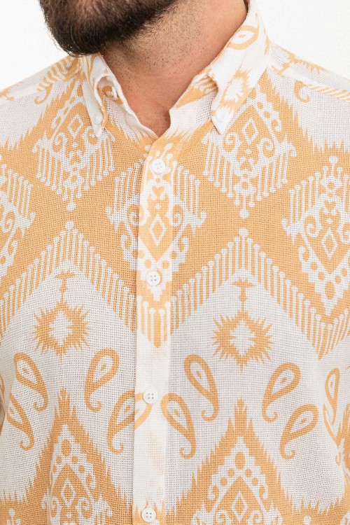 Beige Color Figured Design Casual Cotton Men's Shirt