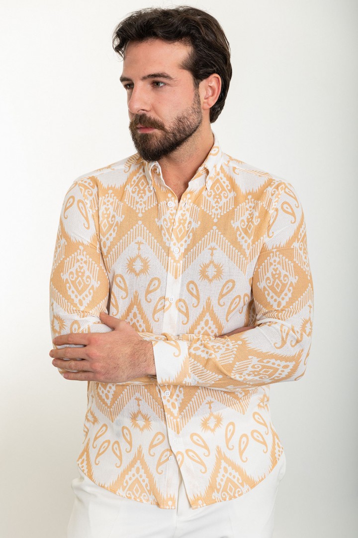 Beige Color Figured Design Casual Cotton Men's Shirt