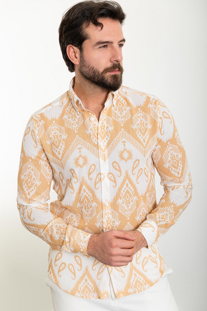 Beige Color Figured Design Casual Cotton Men's Shirt