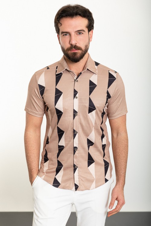 Beige Color Figured And Short Sleeve Design Casual Polyamid Men's Shirt