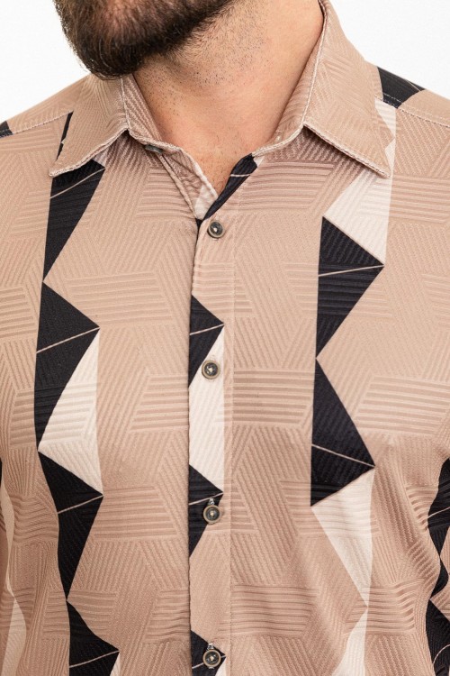 Beige Color Figured And Short Sleeve Design Casual Polyamid Men's Shirt