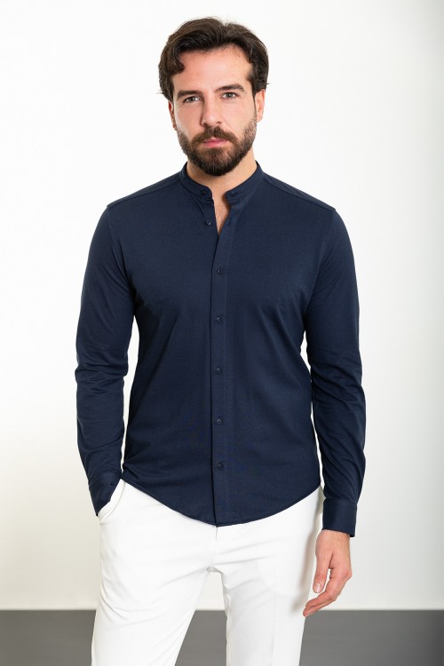 Dark Blue Color Mandarin Collar Design Casual Cotton Men's Shirt