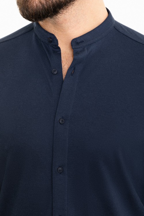Dark Blue Color Mandarin Collar Design Casual Cotton Men's Shirt