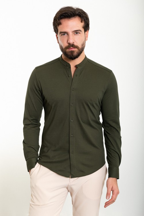 Khaki Color Mandarin Collar Design Casual Cotton Men's Shirt