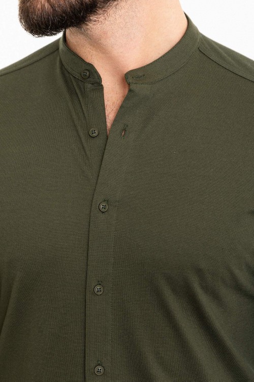 Khaki Color Mandarin Collar Design Casual Cotton Men's Shirt