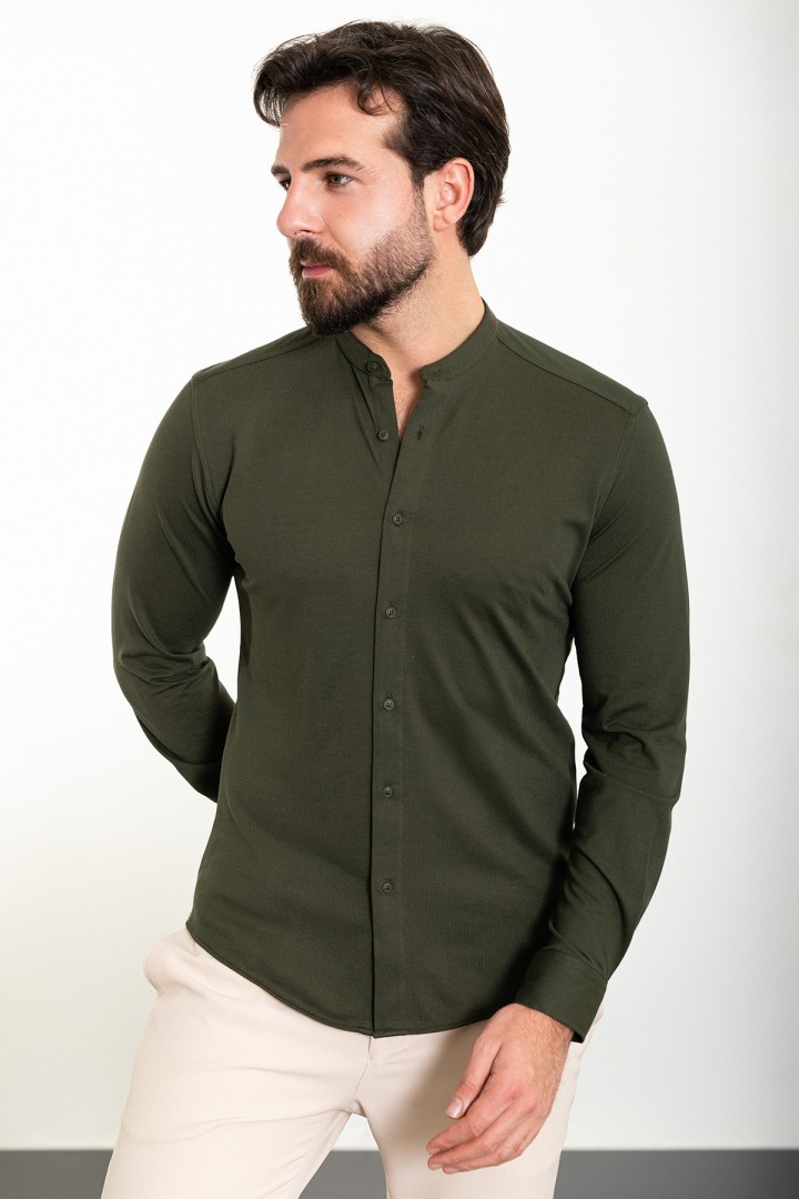 Khaki Color Mandarin Collar Design Casual Cotton Men's Shirt