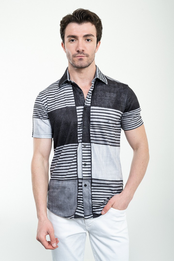 Black Color Piece Pattern Design Casual Men's Shirt