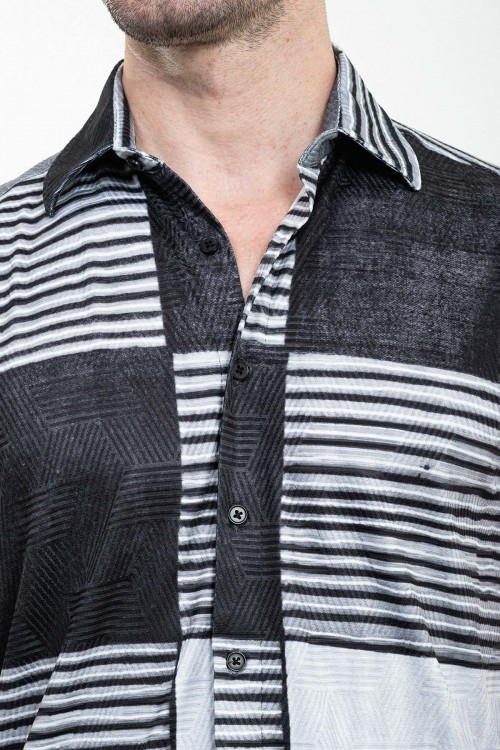 Black Color Piece Pattern Design Casual Men's Shirt