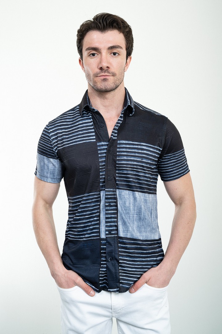 Dark Blue Color Piece Pattern Design Casual Men's Shirt
