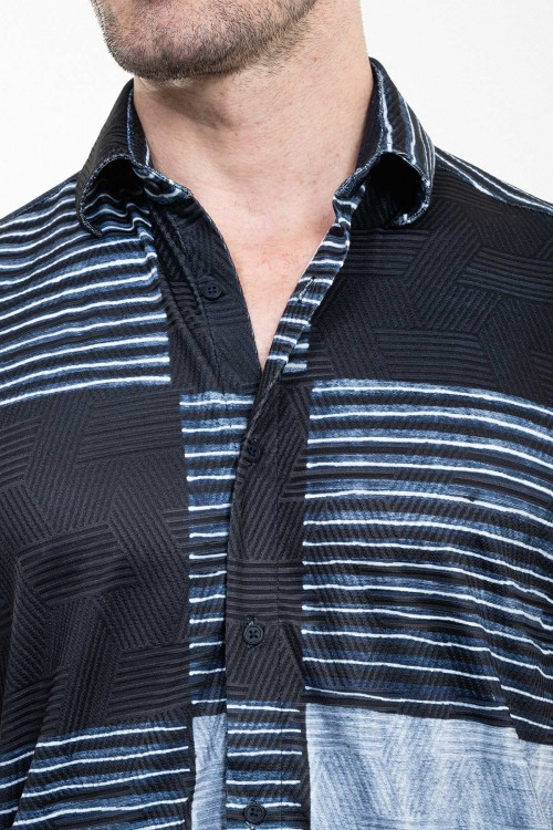 Dark Blue Color Piece Pattern Design Casual Men's Shirt