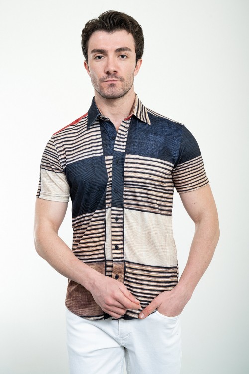 Beige Color Piece Pattern Design Casual Men's Shirt