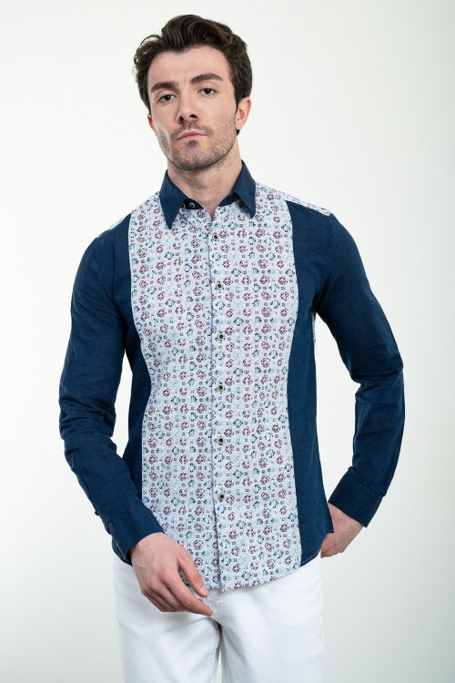 Dark Blue Figured Design Casual Men's Shirt